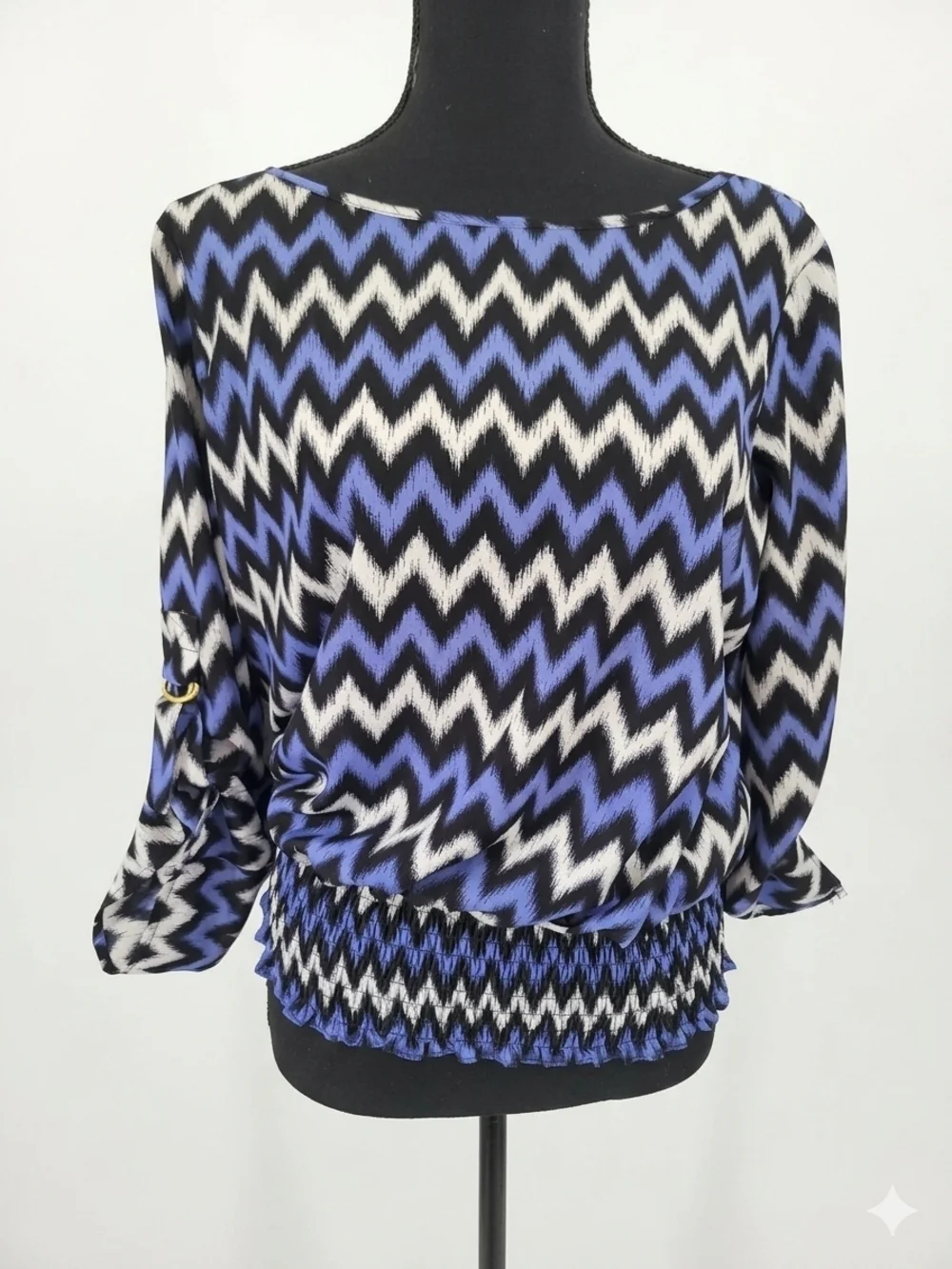 Michael Kors Zigzag Boatneck Blouson Top in Black, White & Blue